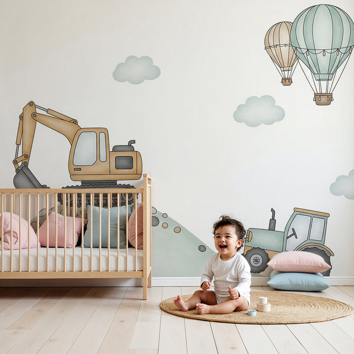 Carta da parati per camera bambini | Veicoli da cantiere e mongolfiere in un cielo da sogno