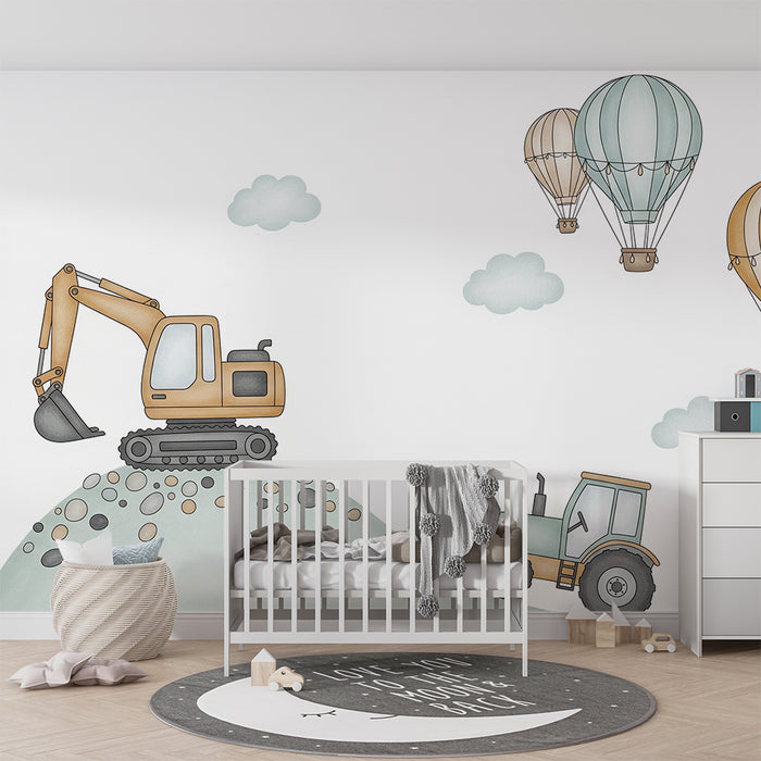 Carta da parati per camera bambini | Veicoli da cantiere e mongolfiere in un cielo da sogno