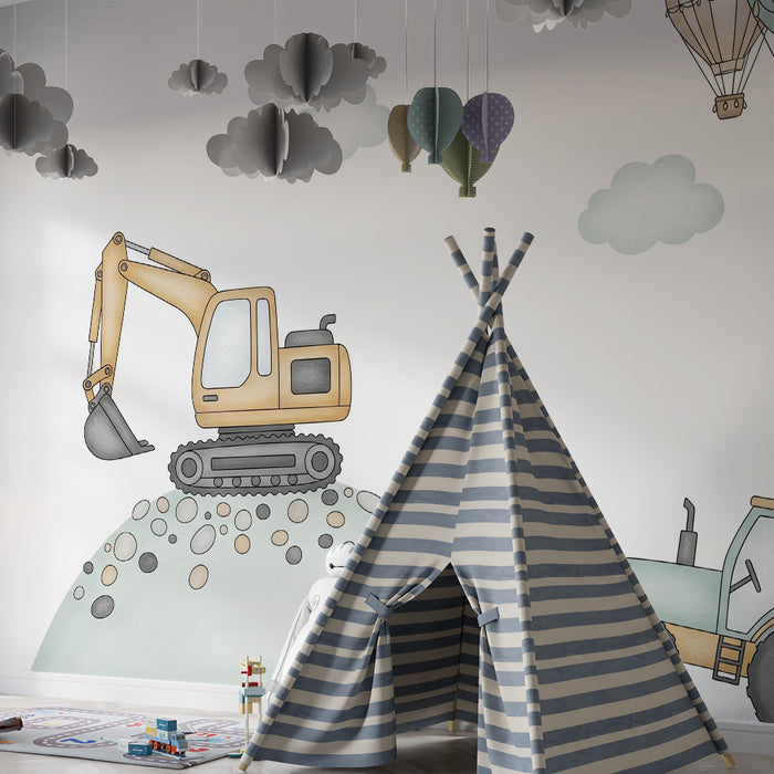 Carta da parati per camera bambini | Veicoli da cantiere e mongolfiere in un cielo da sogno