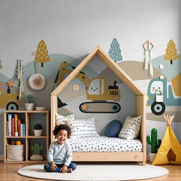 Papel pintado infantil | Vehículos de obra alegres en un paisaje colorido