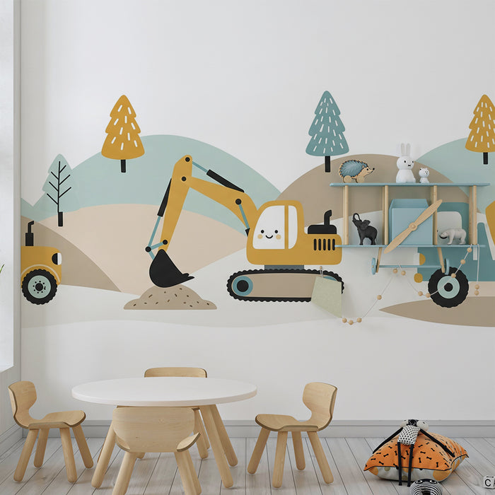Papel pintado infantil | Vehículos de obra alegres en un paisaje colorido