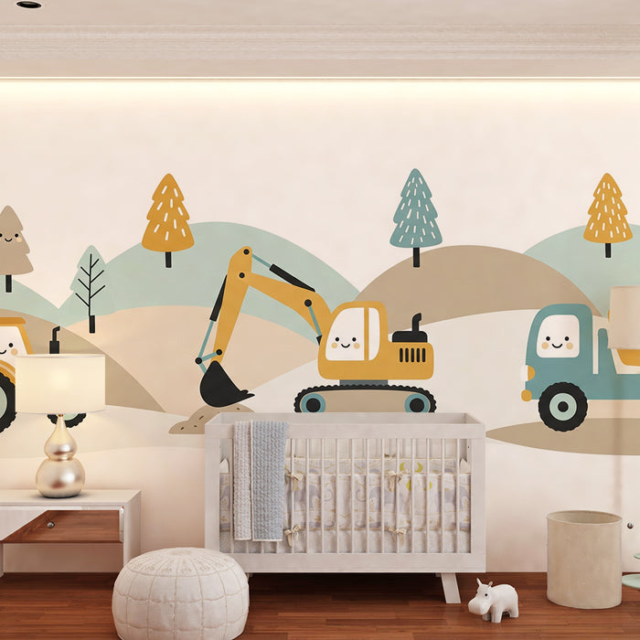 Papel pintado infantil | Vehículos de obra alegres en un paisaje colorido
