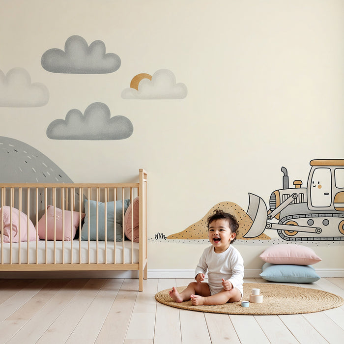 Papier peint chambre enfant | Engins de chantier mignons avec nuages et soleil