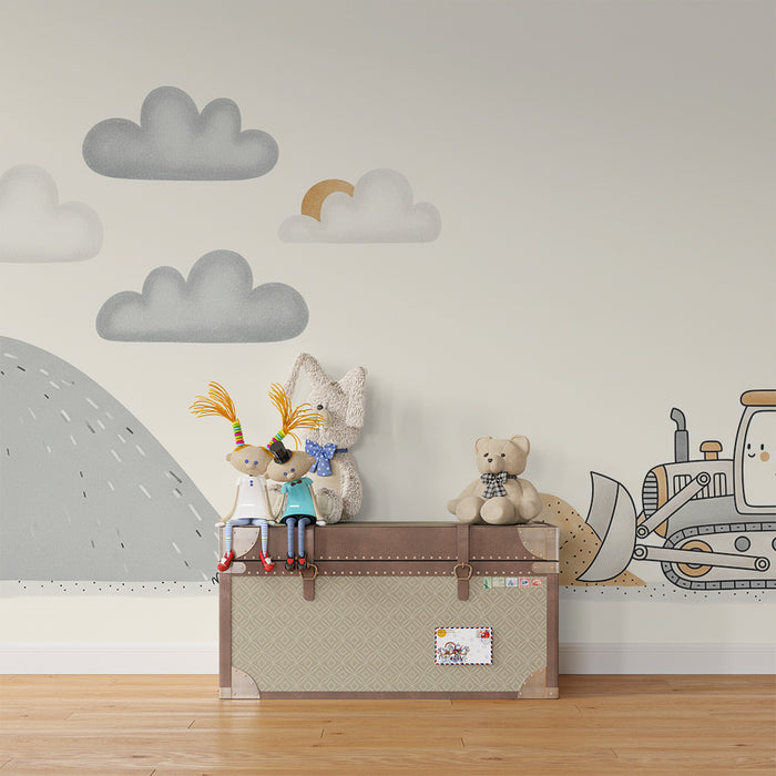 Papier peint chambre enfant | Engins de chantier mignons avec nuages et soleil