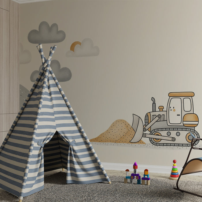 Papier peint chambre enfant | Engins de chantier mignons avec nuages et soleil