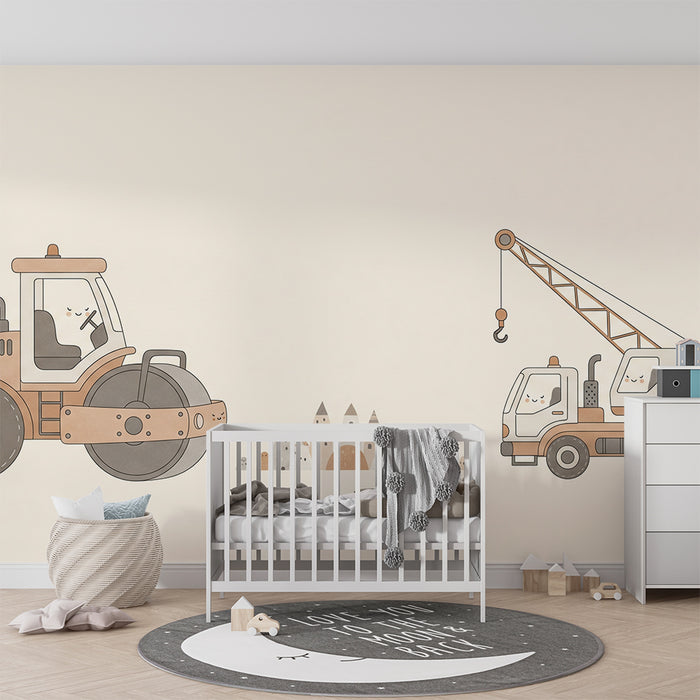 Hârtie de perete pentru camera copiilor | Mașini de construcții drăguțe cu peisaje colorate