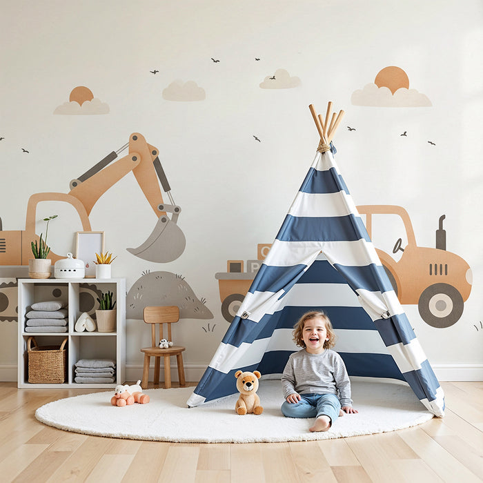 Behang kinderkamer | Schattige bouwvoertuigen met tractor en graafmachine