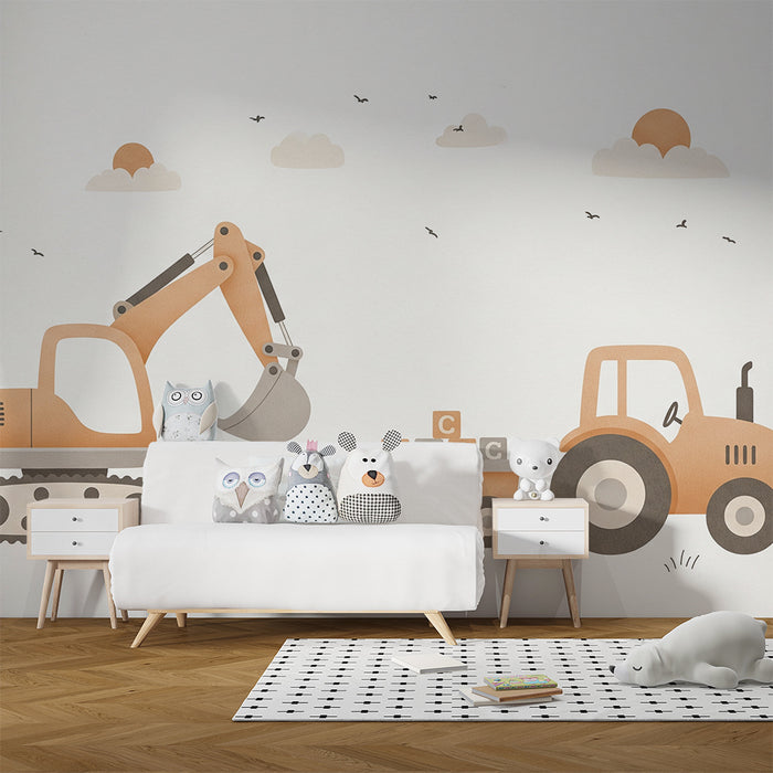 Behang kinderkamer | Schattige bouwvoertuigen met tractor en graafmachine