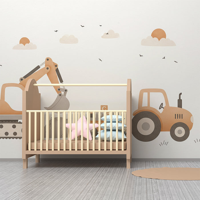 Behang kinderkamer | Schattige bouwvoertuigen met tractor en graafmachine