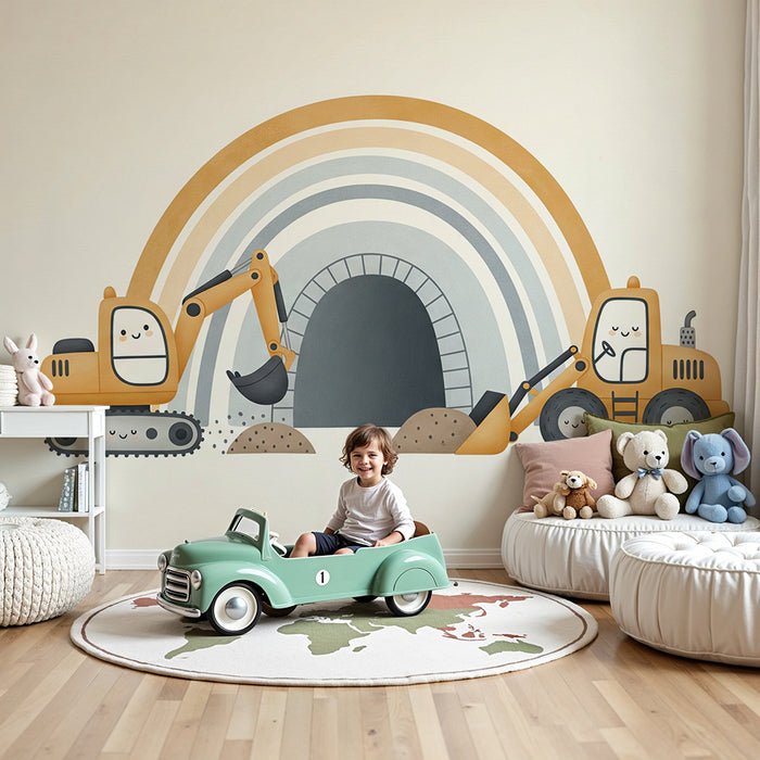 Papier peint chambre enfant | Engins de chantier mignons sous un arc-en-ciel