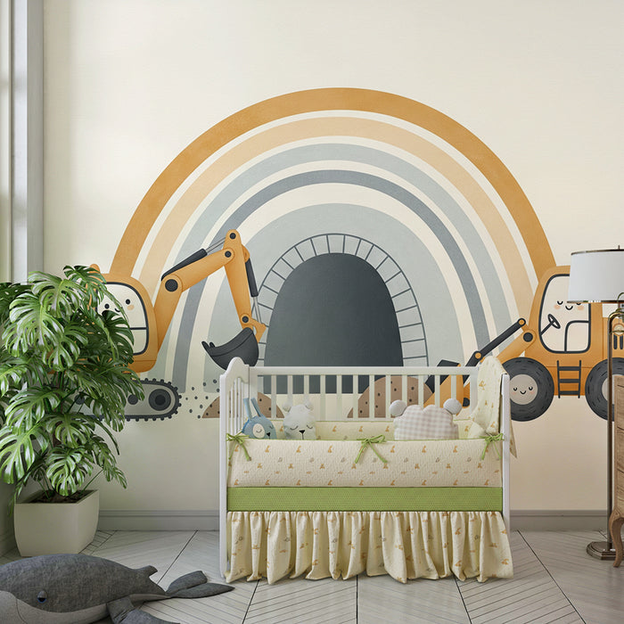 Papier peint chambre enfant | Engins de chantier mignons sous un arc-en-ciel
