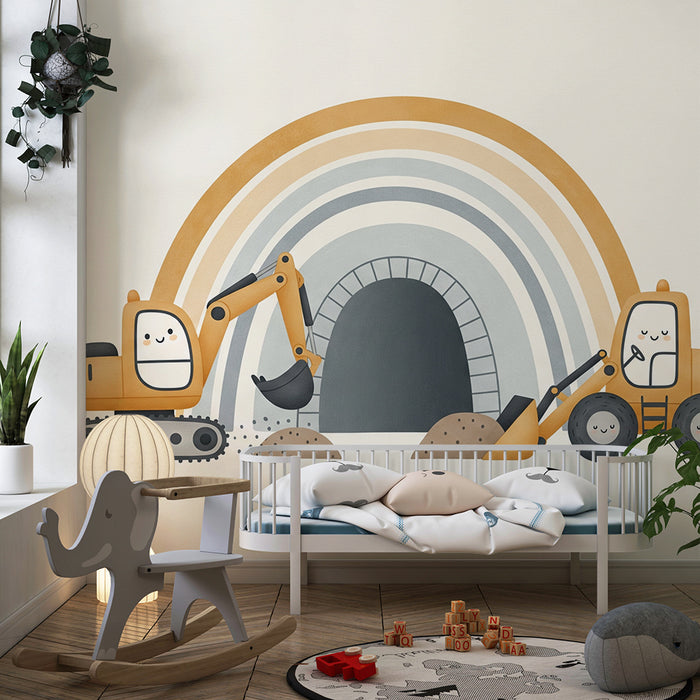 Papier peint chambre enfant | Engins de chantier mignons sous un arc-en-ciel
