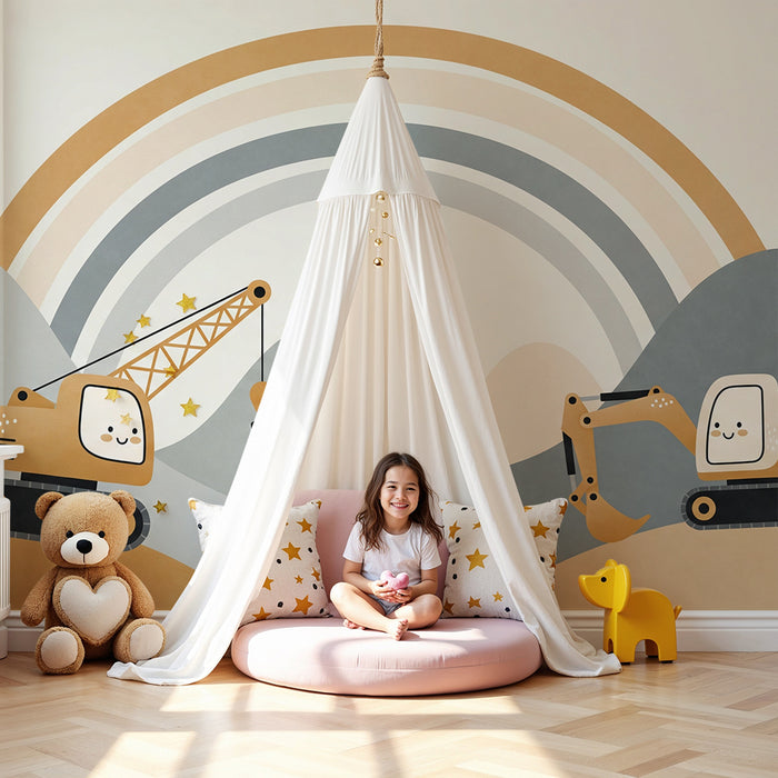 Papier peint chambre enfant | Engins de chantier mignons sous un joli arc-en-ciel