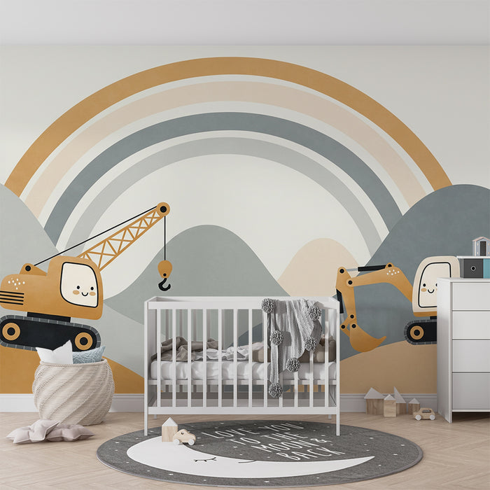 Papier peint chambre enfant | Engins de chantier mignons sous un joli arc-en-ciel