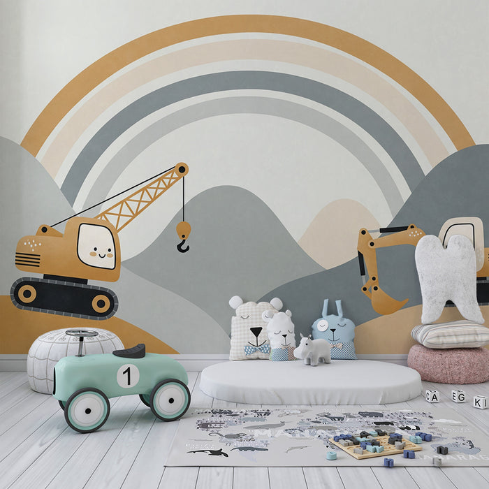 Papier peint chambre enfant | Engins de chantier mignons sous un joli arc-en-ciel