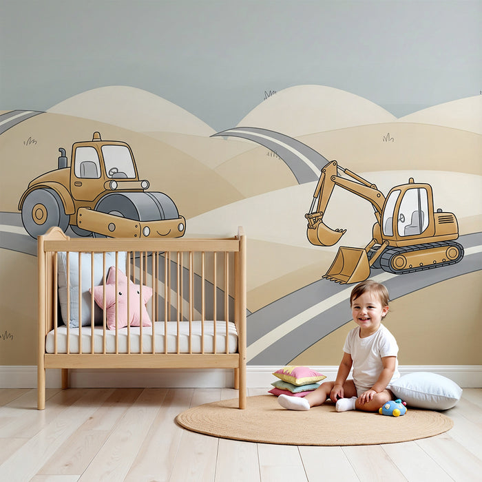 Carta da parati per camera bambini | Veicoli da cantiere su strada tortuosa