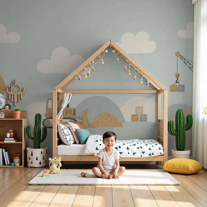 Papier peint chambre enfant | Engins de chantier sur un fond pastel