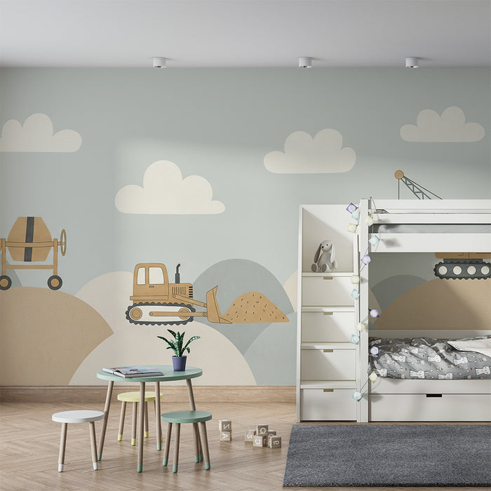 Papier peint chambre enfant | Engins de chantier sur un fond pastel