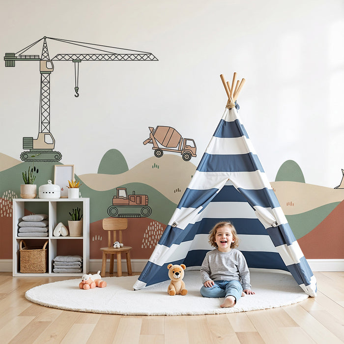 Papier peint chambre enfant | Engins de chantier sur un paysage coloré
