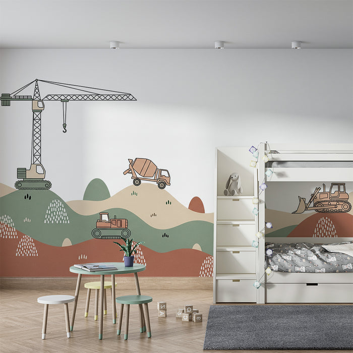 Papier peint chambre enfant | Engins de chantier sur un paysage coloré