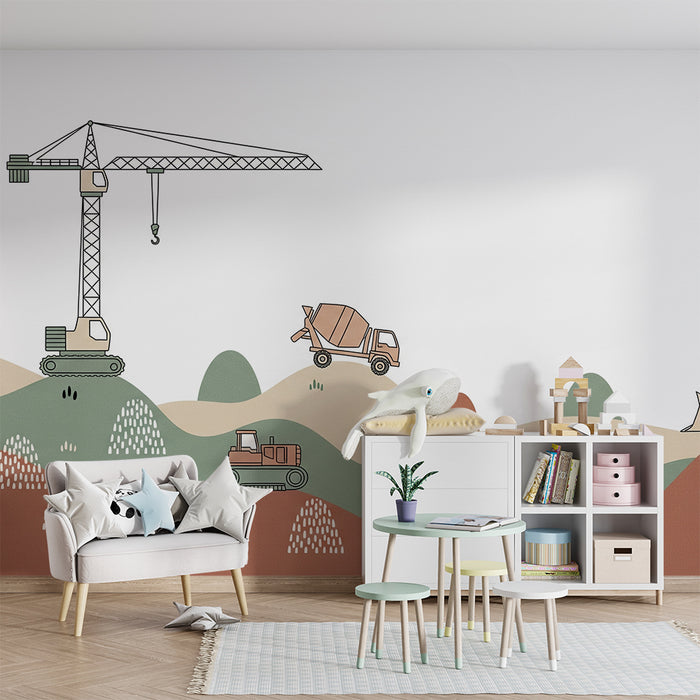 Papier peint chambre enfant | Engins de chantier sur un paysage coloré