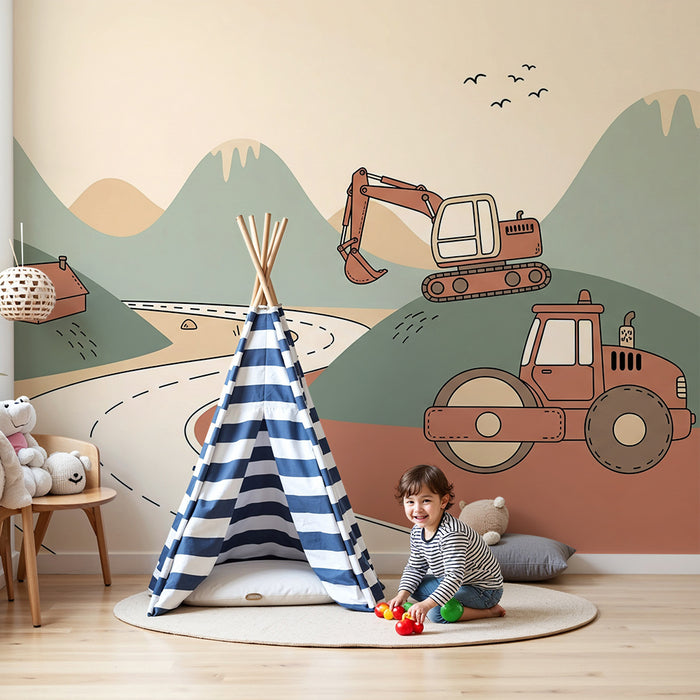 Papier peint chambre enfant | Engins de chantier sur un paysage de collines