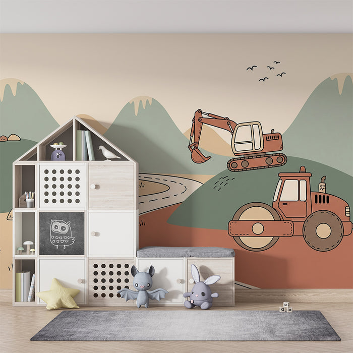 Papier peint chambre enfant | Engins de chantier sur un paysage de collines