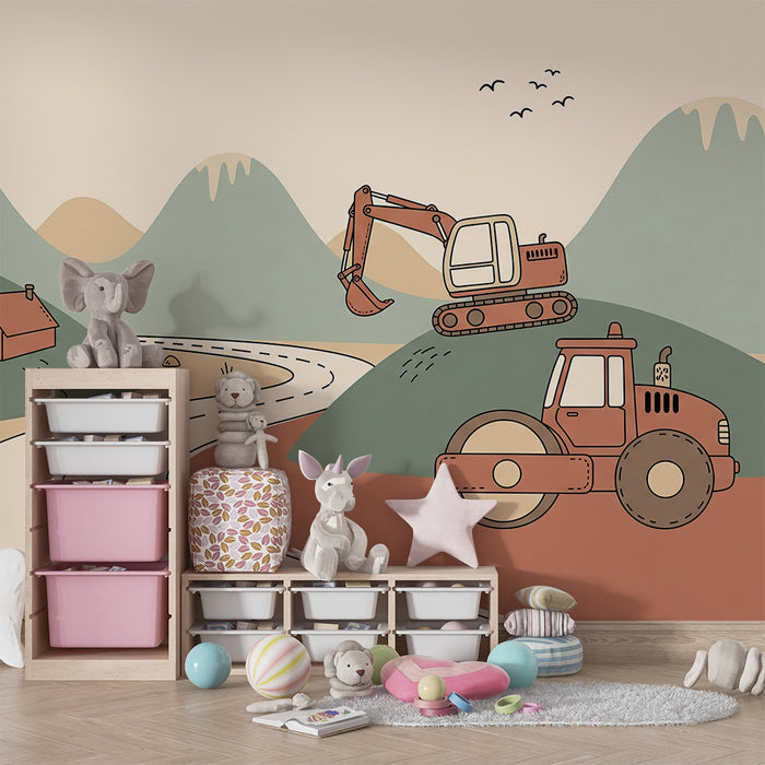 Papier peint chambre enfant | Engins de chantier sur un paysage de collines
