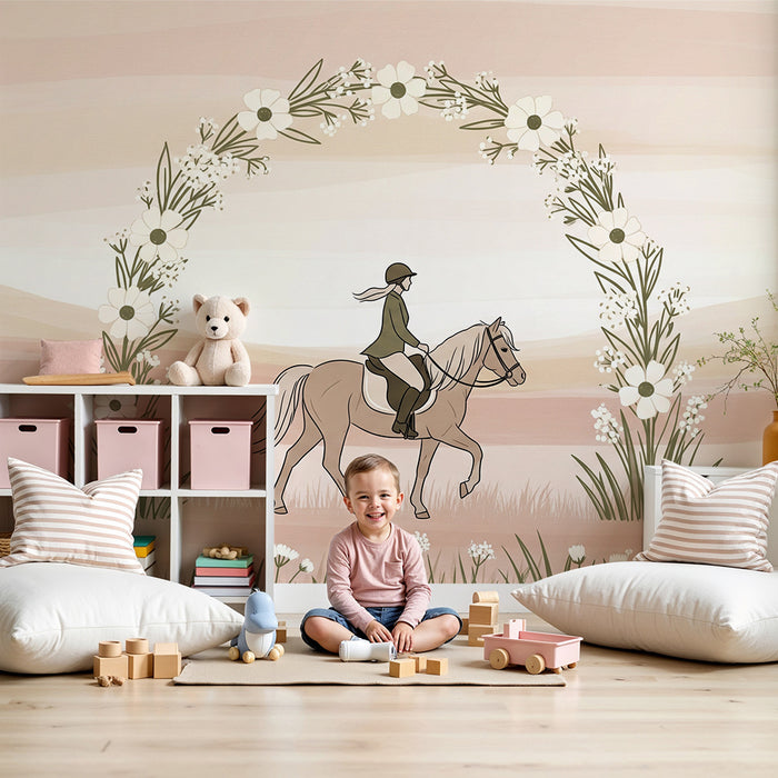 Papier peint chambre enfant | Équestre avec fleurs et paysages doux