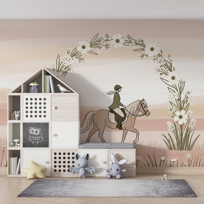 Papier peint chambre enfant | Équestre avec fleurs et paysages doux