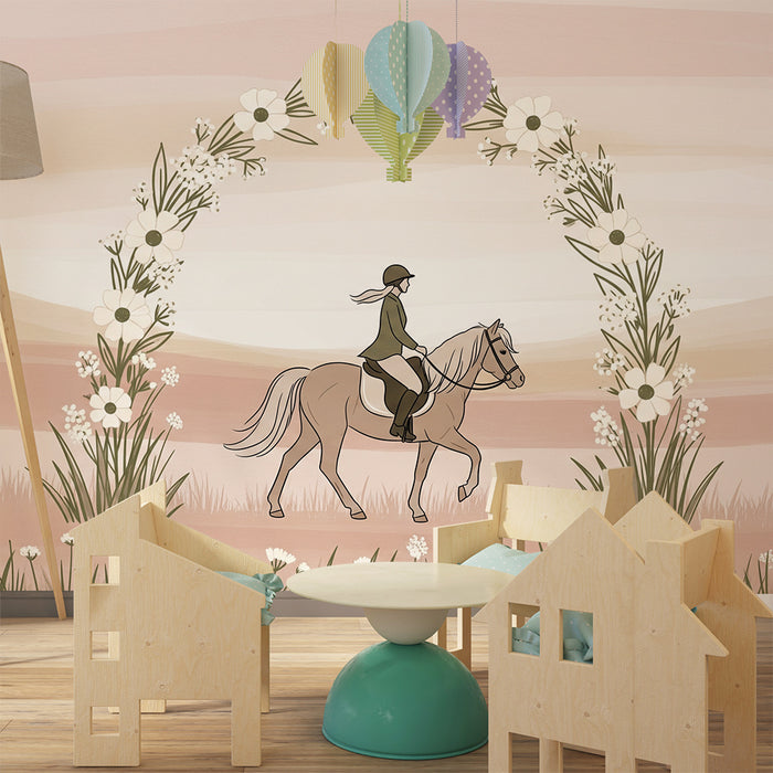 Papier peint chambre enfant | Équestre avec fleurs et paysages doux