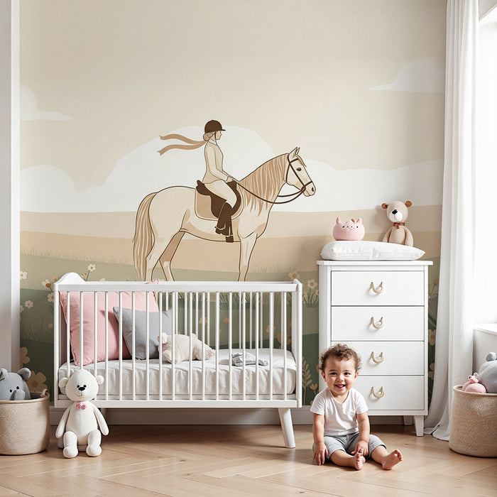 Papier peint chambre enfant | Équestre et nature avec fleurs délicates