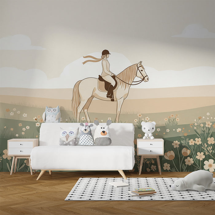 Papier peint chambre enfant | Équestre et nature avec fleurs délicates
