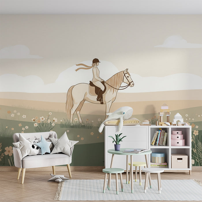 Papier peint chambre enfant | Équestre et nature avec fleurs délicates