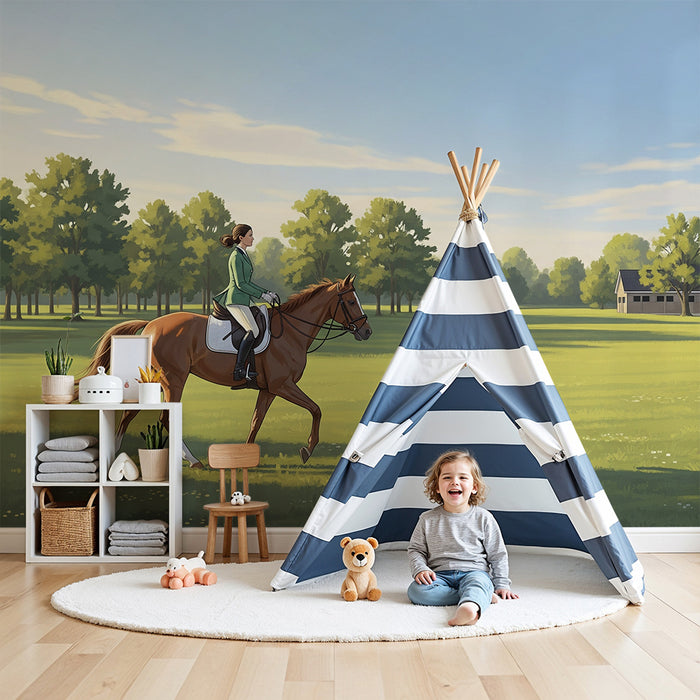 Papel de parede para quarto infantil | Passeio a cavalo numa paisagem pastoral com cavalos e cavalariça