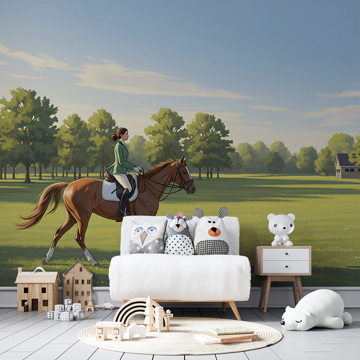 Papel de parede para quarto infantil | Passeio a cavalo numa paisagem pastoral com cavalos e cavalariça