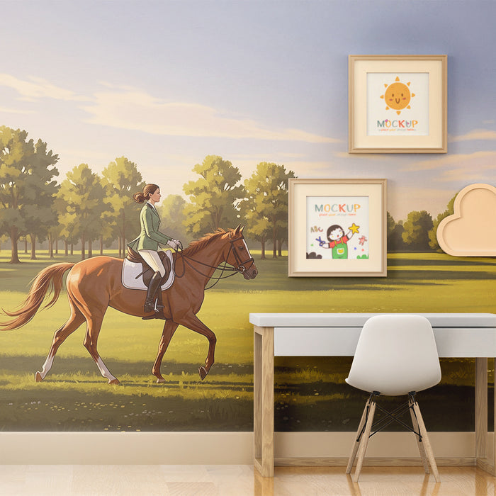Papel de parede para quarto infantil | Passeio a cavalo numa paisagem pastoral com cavalos e cavalariça