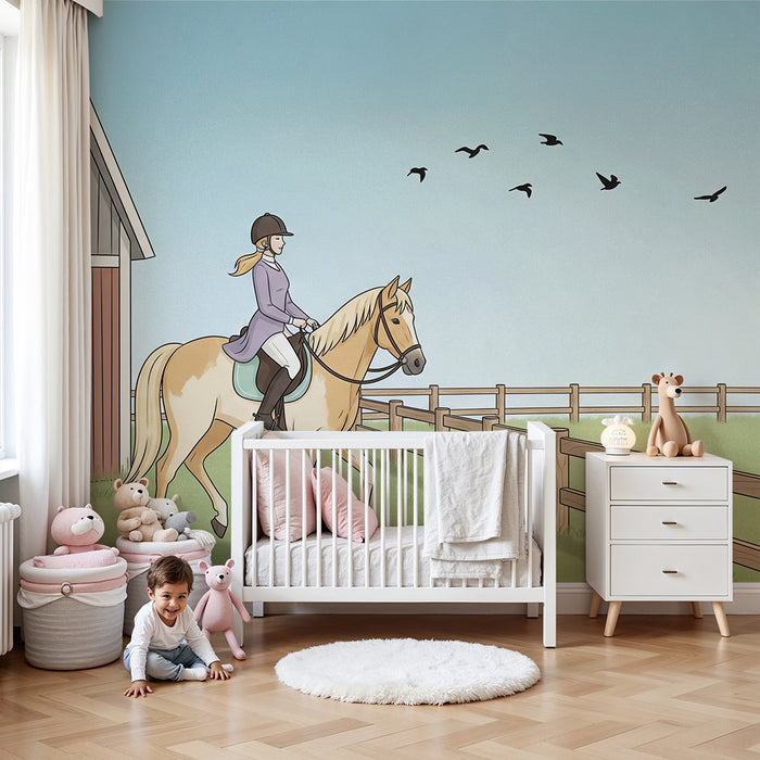 Papier peint chambre enfant | Équitation et nature avec un cheval doré
