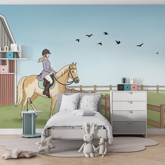 Papier peint chambre enfant | Équitation et nature avec un cheval doré