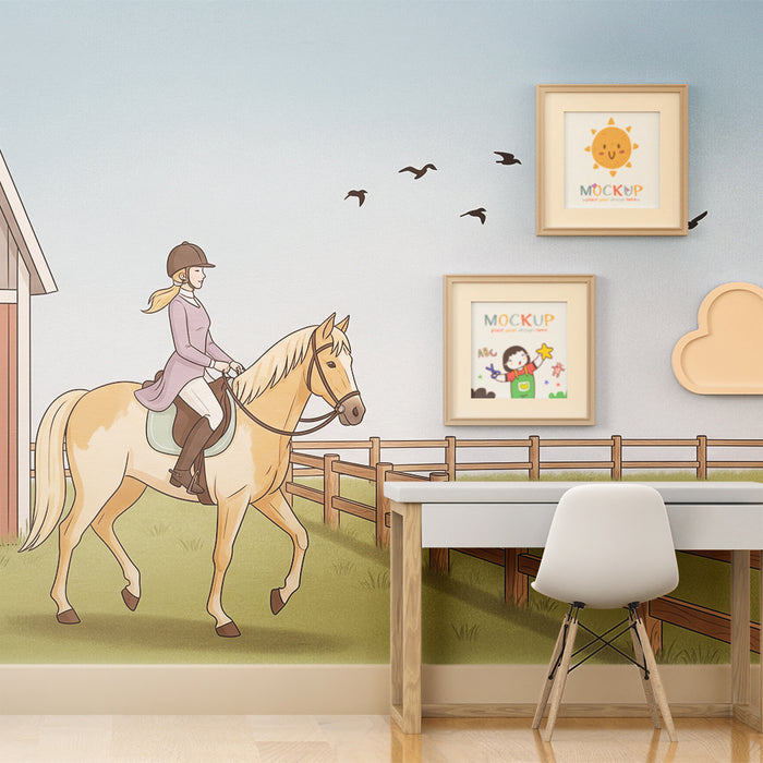 Papier peint chambre enfant | Équitation et nature avec un cheval doré