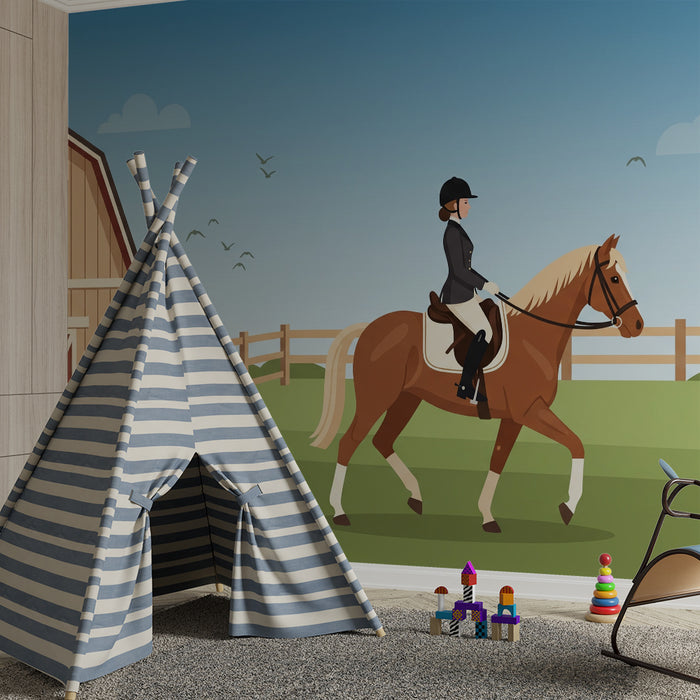Papier peint chambre enfant | Équitation et nature avec un cheval majestueux