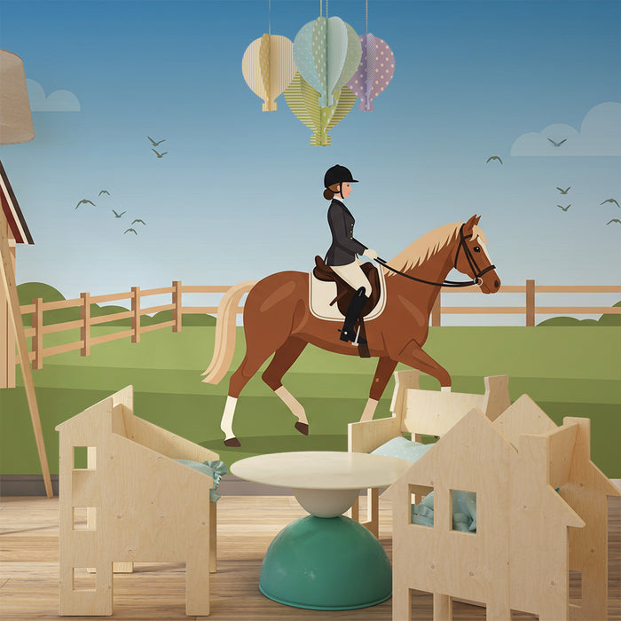 Papier peint chambre enfant | Équitation et nature avec un cheval majestueux