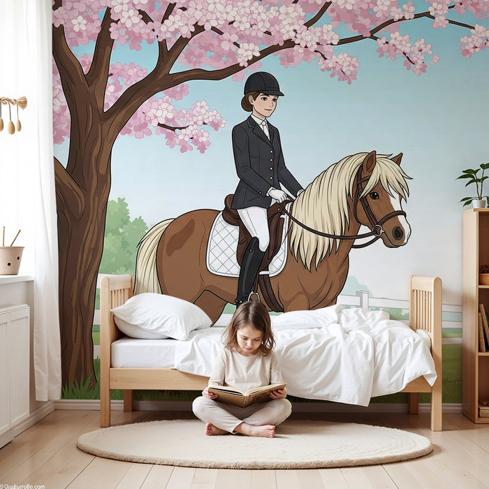 Papier peint chambre enfant | Équitation sous les cerisiers en fleurs