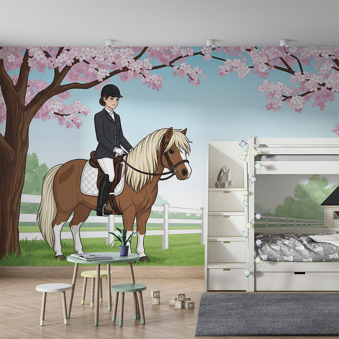 Papier peint chambre enfant | Équitation sous les cerisiers en fleurs