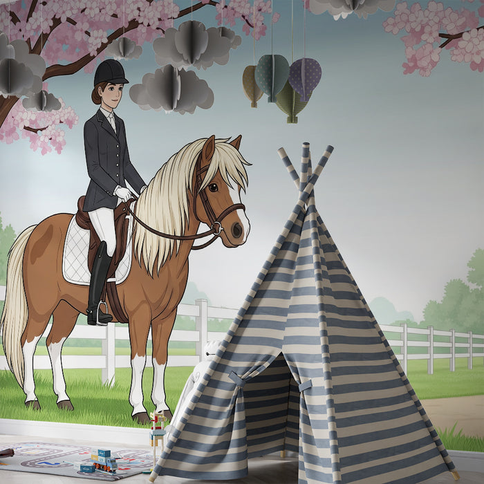 Papier peint chambre enfant | Équitation sous les cerisiers en fleurs