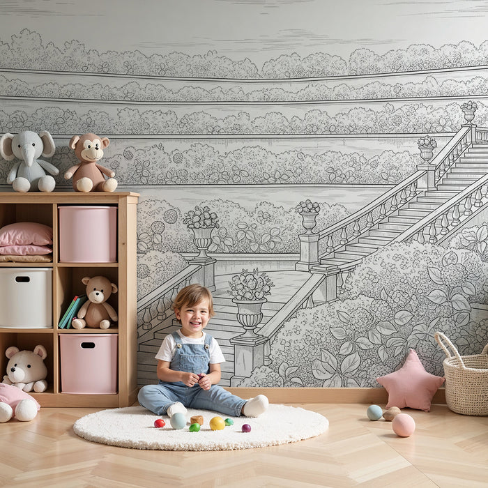 Behang voor de kinderkamer | Majestueuze trappen in een bloementuin