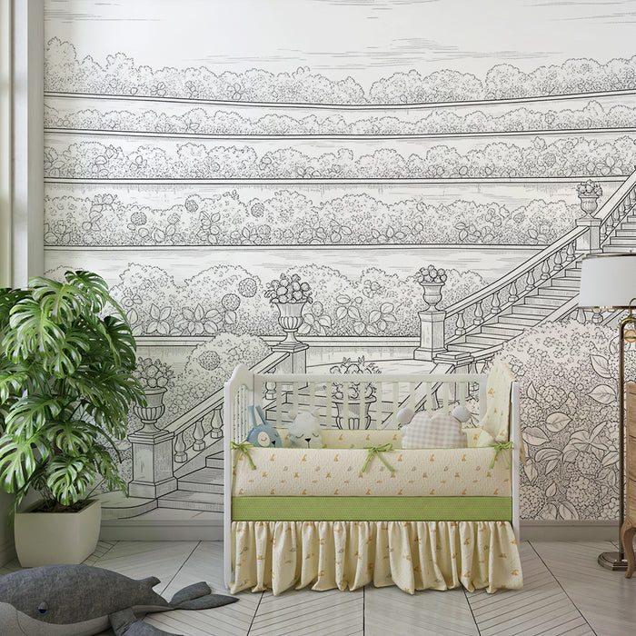 Behang voor de kinderkamer | Majestueuze trappen in een bloementuin