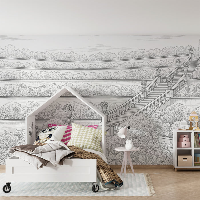 Behang voor de kinderkamer | Majestueuze trappen in een bloementuin