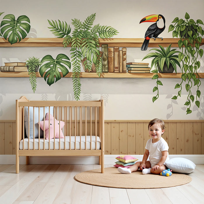 Papel de parede criança | Prateleira de madeira com plantas tropicais e tucano colorido