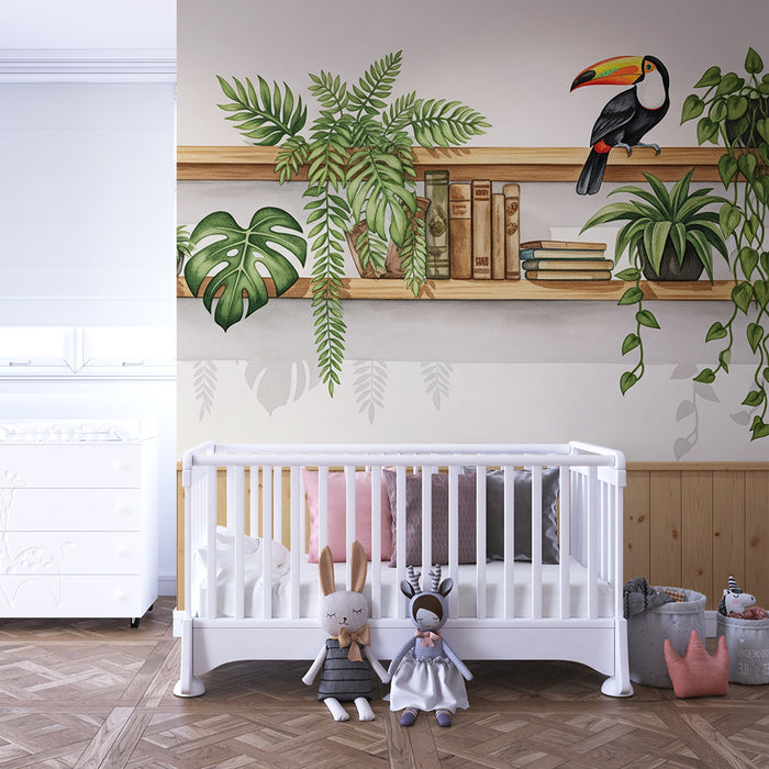 Papel de parede criança | Prateleira de madeira com plantas tropicais e tucano colorido